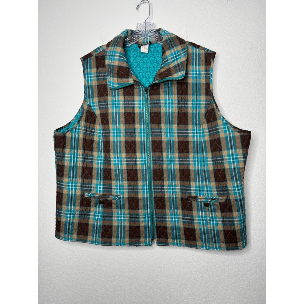 Southern Lady Plaid Quilted Vest Womens Size 2X Teal Brown Full Zip Western